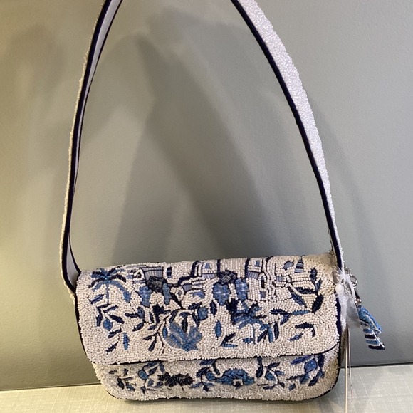 Handmade Handbags - Tik Tok Viral Beaded Bag Purse TJ Maxx - Blue White Palm Trees + Charm NWT